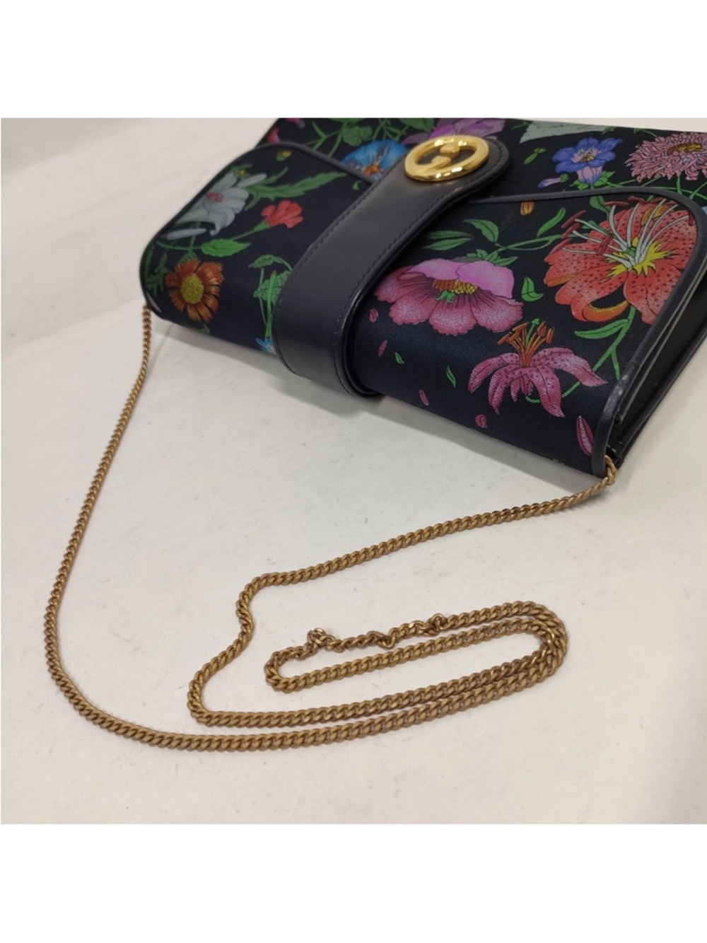 Gucci Navy Floral GG Marmont Chain Crossbody Bag with COA - Picture 5 of 15